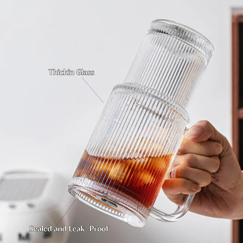 Striped Glass Cup with Handle, Lid & Straw – 600ml Glass Tumbler Set Qme