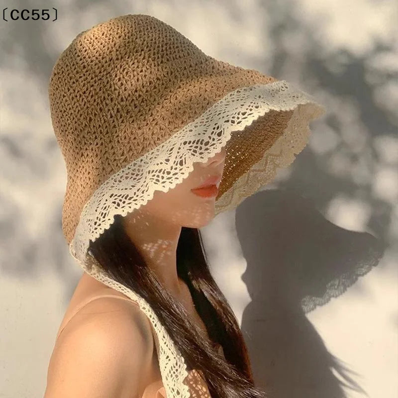 Women's Wide Brim Lace Straw Sun Hat – Foldable Beach Hat Wide Brim Sun Hat Qst