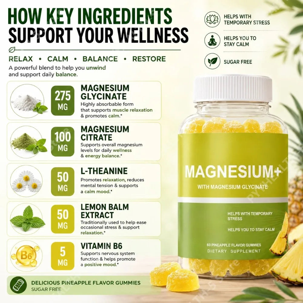 Magnesium Glycinate Gummies 60ct – Pineapple, Sugar Free Magnesium Supplement Qst
