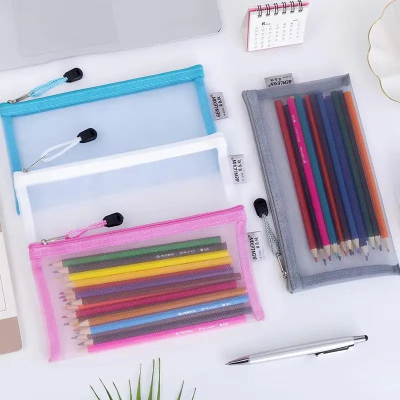 Transparent Mesh Pencil Pouch – Zip Organizer for School & Office Pencil Pouch Qme