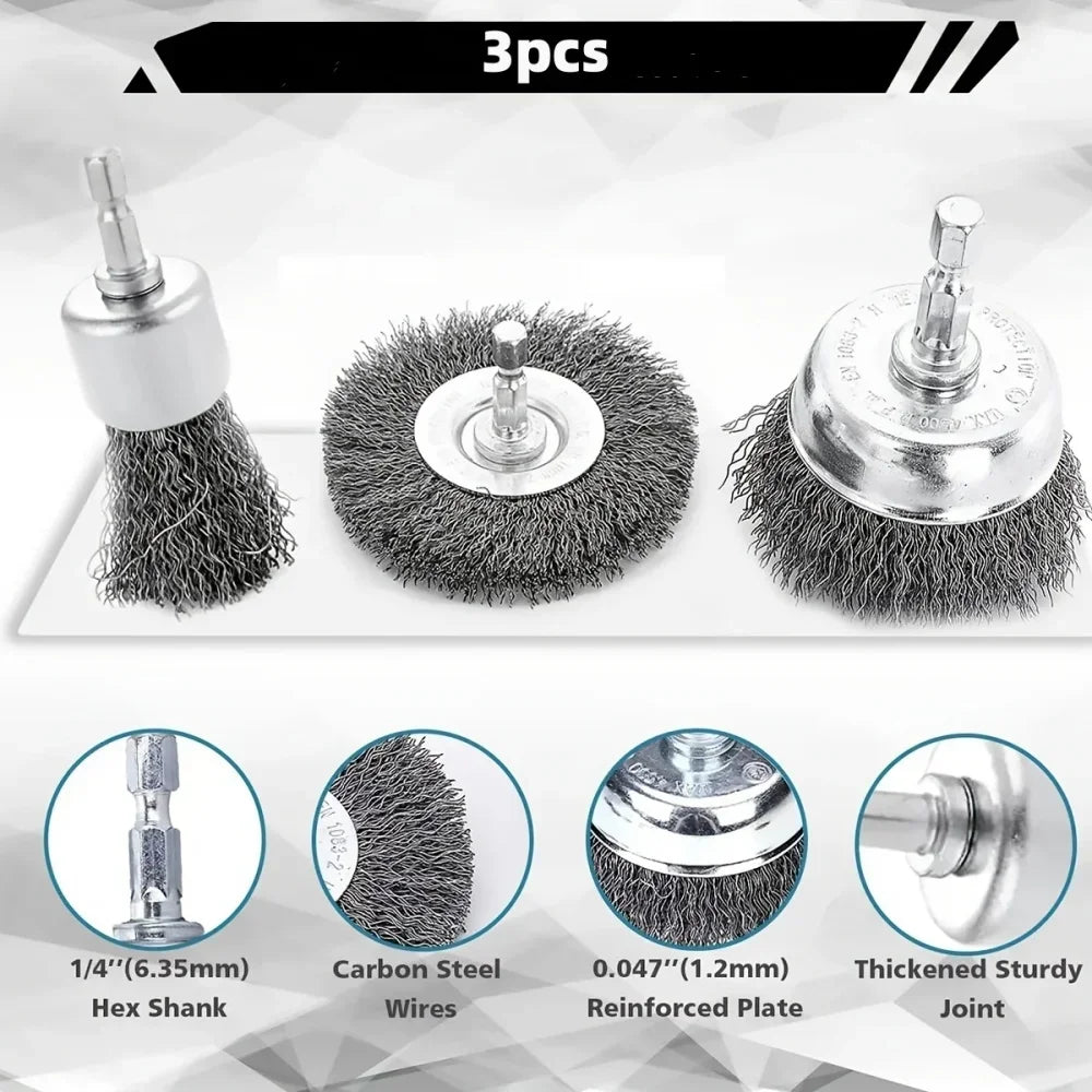 Wire Wheel Cup Brush Set 6.35mm Hex Shank – Grinder Tool Wire Wheel Brush Set Qme