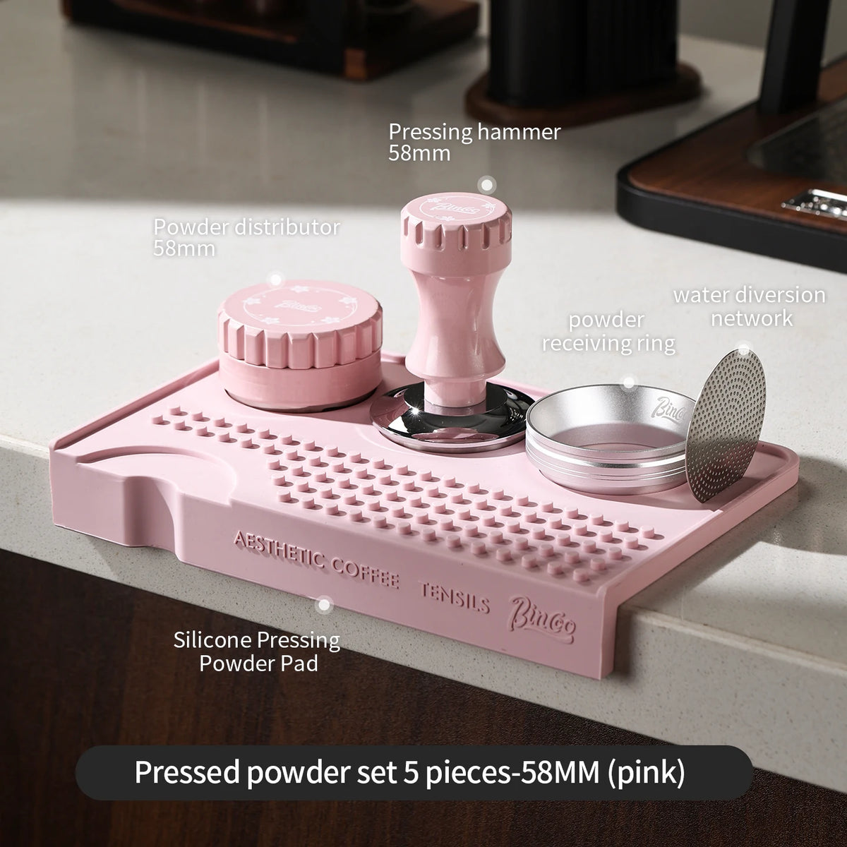 Bincoo Pink Coffee Tamping Station Kit – 51mm 8-Piece Set Coffee Tamping Kit Qst Dark Khaki