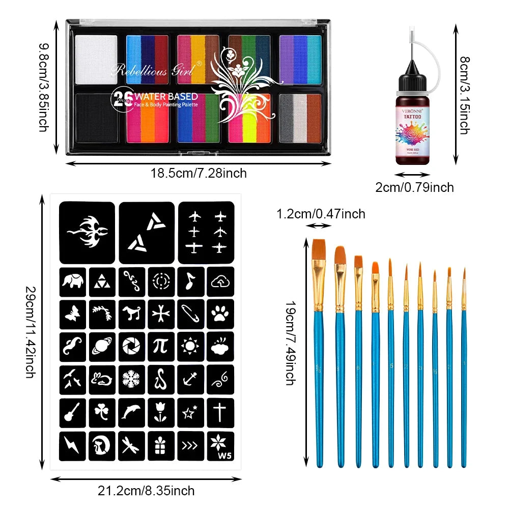 26-Color Face & Body Paint Kit – Brushes, Stencils & Ink Face & Body Paint Kit Qme set