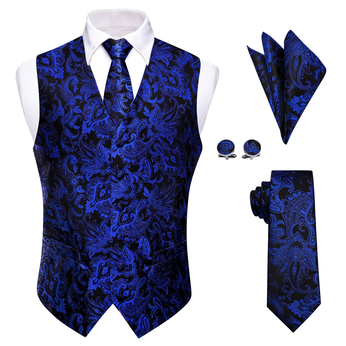 Men's Paisley Vest Tie Pocket Square & Cufflinks Set Formal Accessory Set Qme