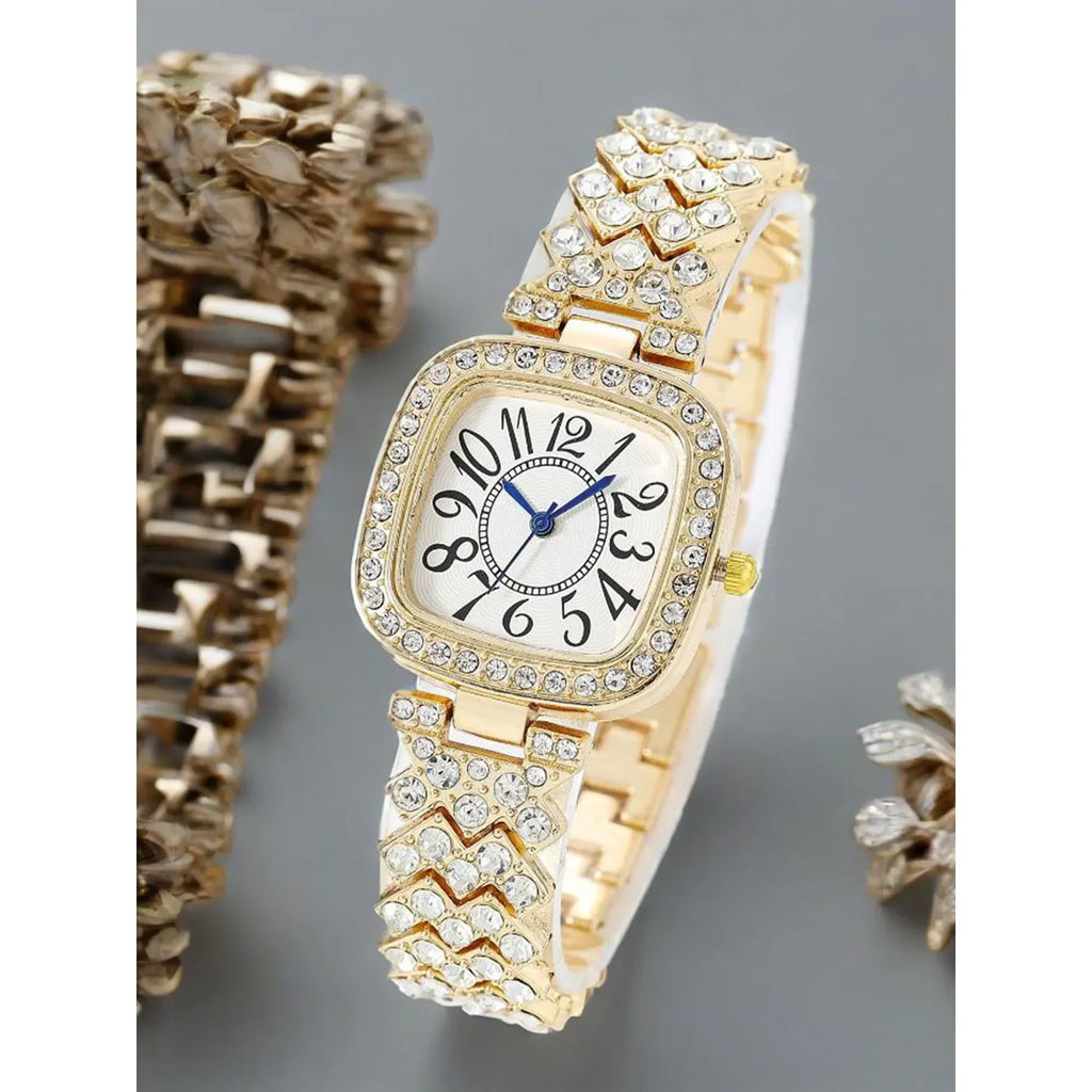Square Rhinestone Women's Watch – Starry Sky Alloy Dial Fashion Watch Qme golden