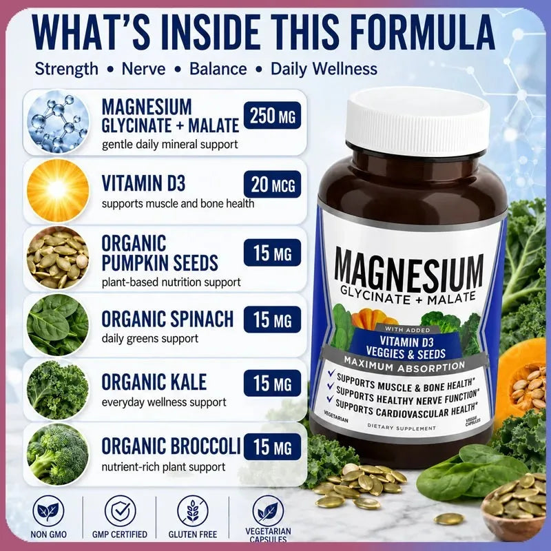 Magnesium Glycinate Malate + Vitamin D3 Capsules – 90ct Magnesium Supplement Qst