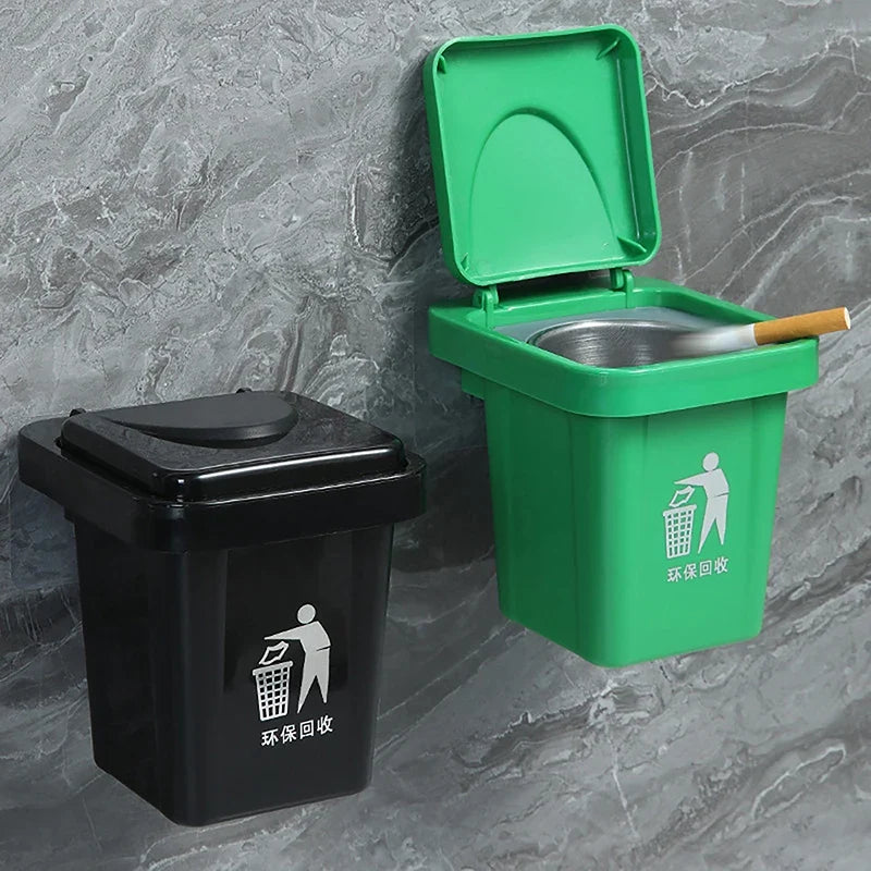 Wall-Mounted Stainless Steel Ashtray with Lid & Trash Can Wall-Mount Ashtray Qme