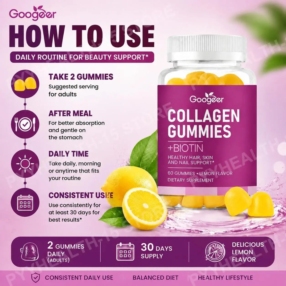 Googeer Collagen Gummies Biotin Vitamin C E Zinc – 60ct Collagen Gummies Qst