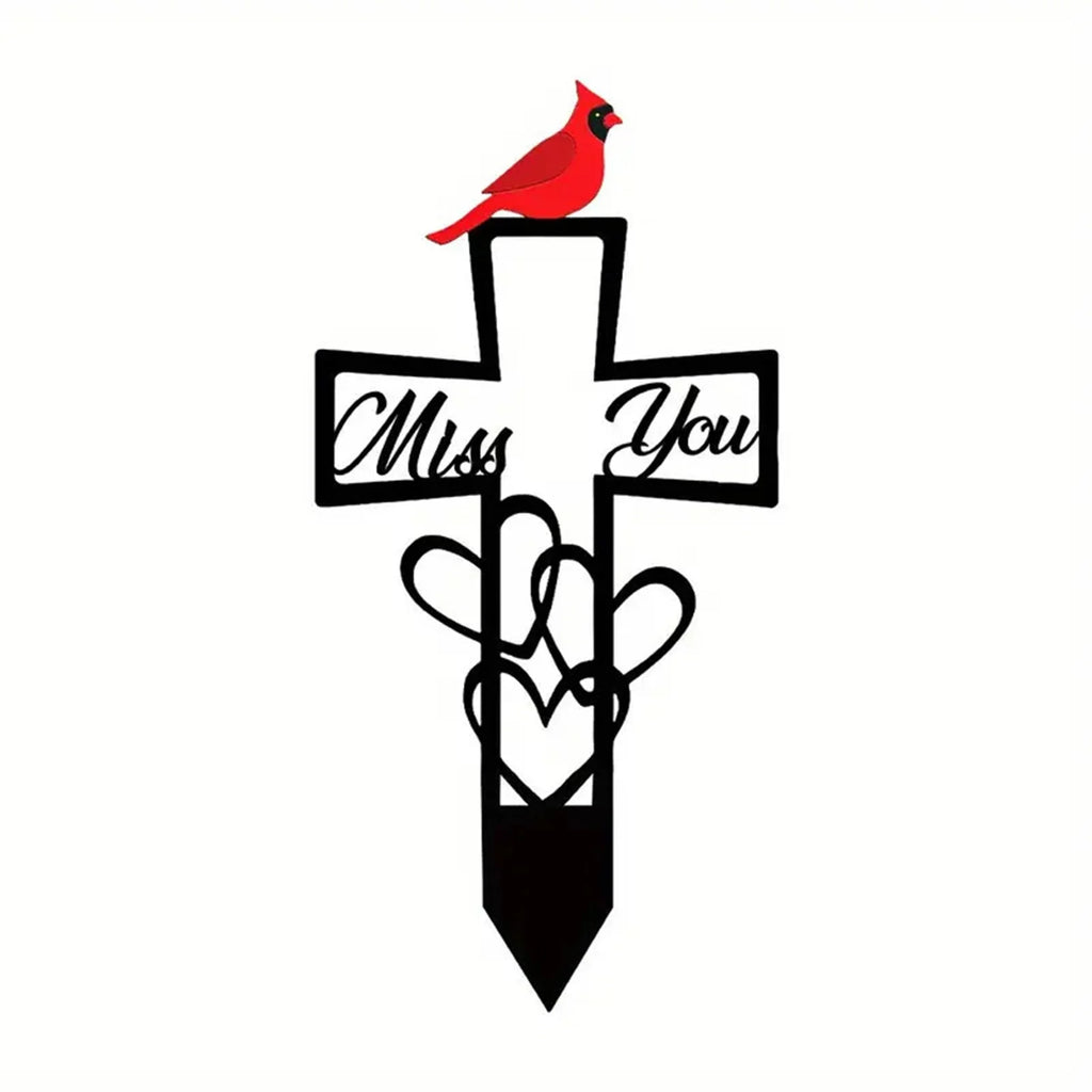 Metal Cardinal Memorial Plaque – Red Bird Cross Grave Marker Memorial Grave Marker Qme black