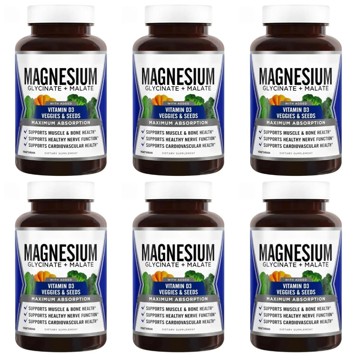 Magnesium Glycinate Malate + Vitamin D3 Capsules – 90ct Magnesium Supplement Qst 6 bottle 540capsules