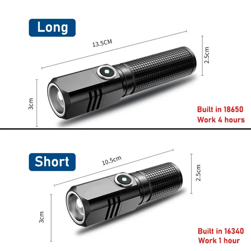 XHP50 Mini LED Flashlight USB Rechargeable 3 Modes Zoomable LED Flashlight Torch Qst