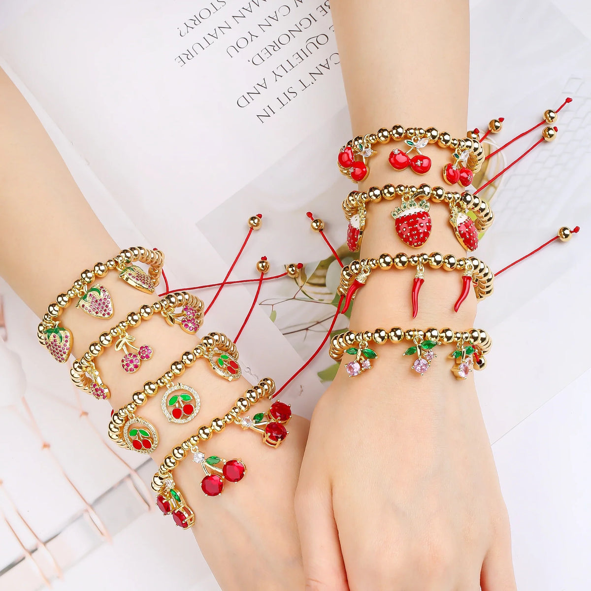 Gold-Plated Crystal Red Cherry Bead Braid Bracelet for Women Fashion Bracelet Qme