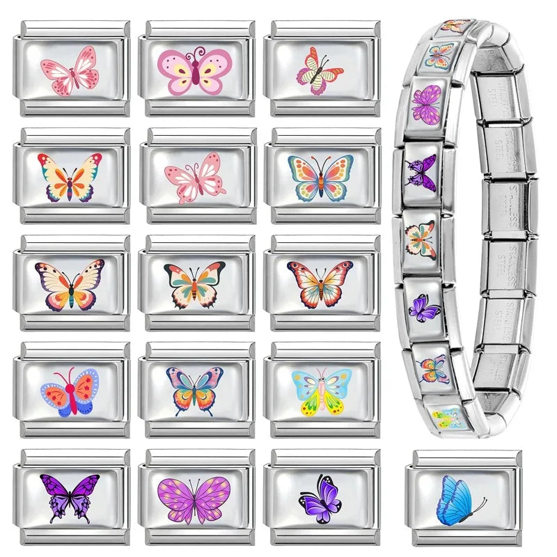 Y2K Purple Butterfly Flower Italian Charm Link Bracelet Italian Charm Link Qme