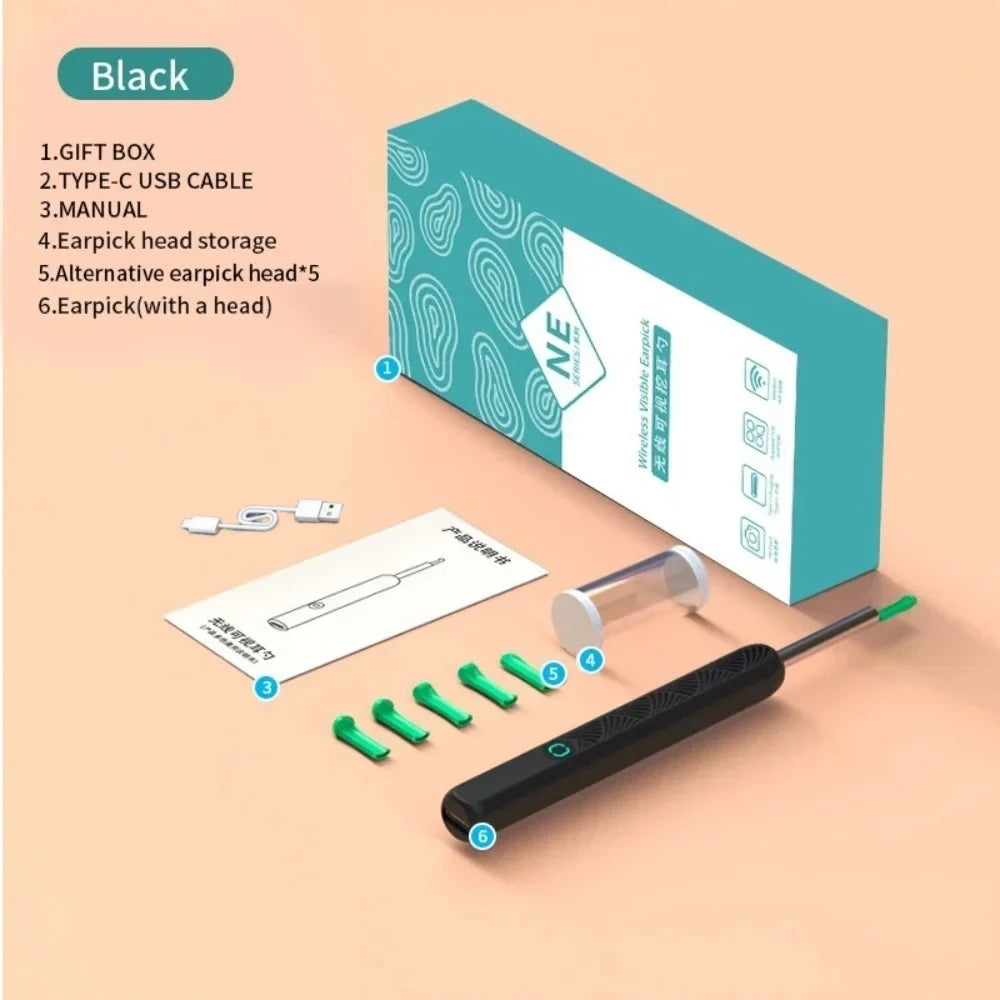 Smart Visual Ear Cleaner HD Camera WiFi USB | App-Controlled Ear Cleaning Tool Qme black