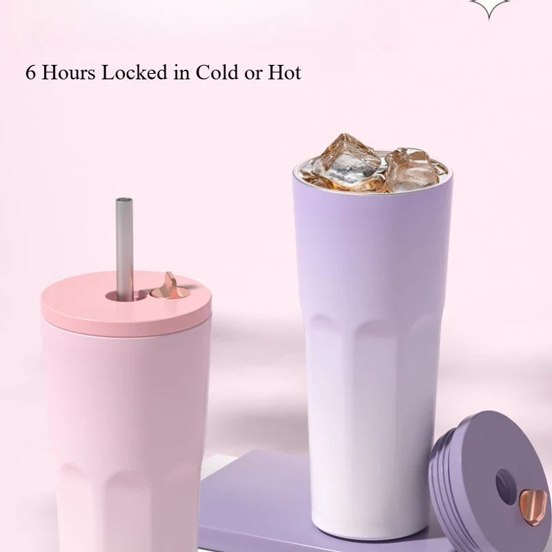 Gradient Auto Pop-Up Straw Stainless Steel Cup 700ml Travel Straw Cup Qme