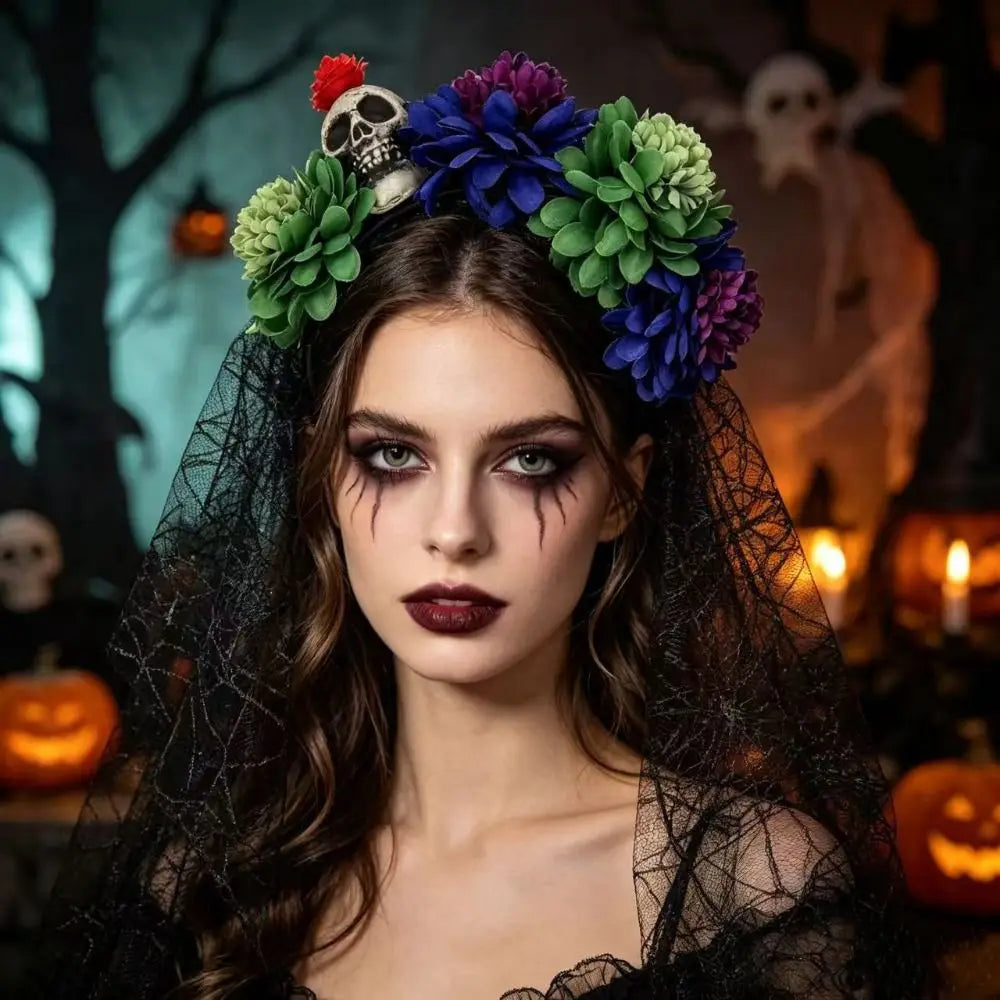 Halloween Flower Headband with Black Veil – 10 Colors Halloween Headband Qme