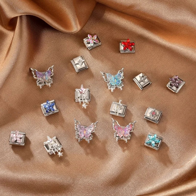 Zircon Italian Charm Links – Flower Butterfly Star Tassel, 16 Colors Italian Charm Links Qme