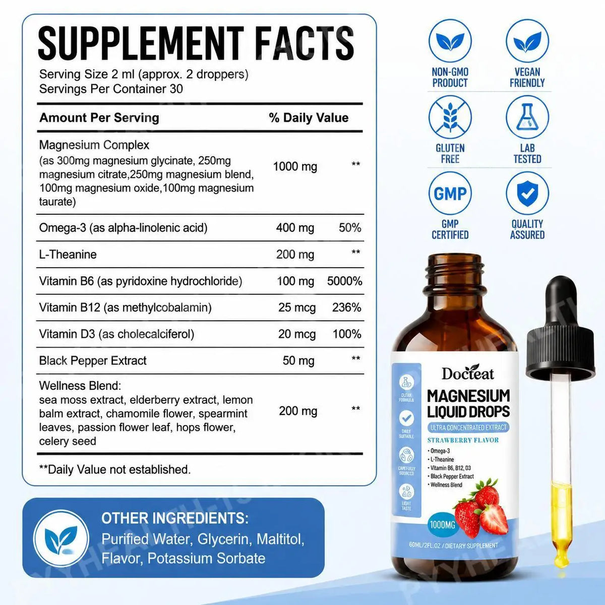 Docteat Magnesium Liquid Drops – Omega-3 ALA & L-Theanine 60mL Liquid Supplement Drops Qst