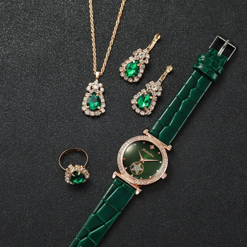 Rose Gold Green Leather Watch & Emerald Crystal Jewelry Set Women's Watch Set Qme