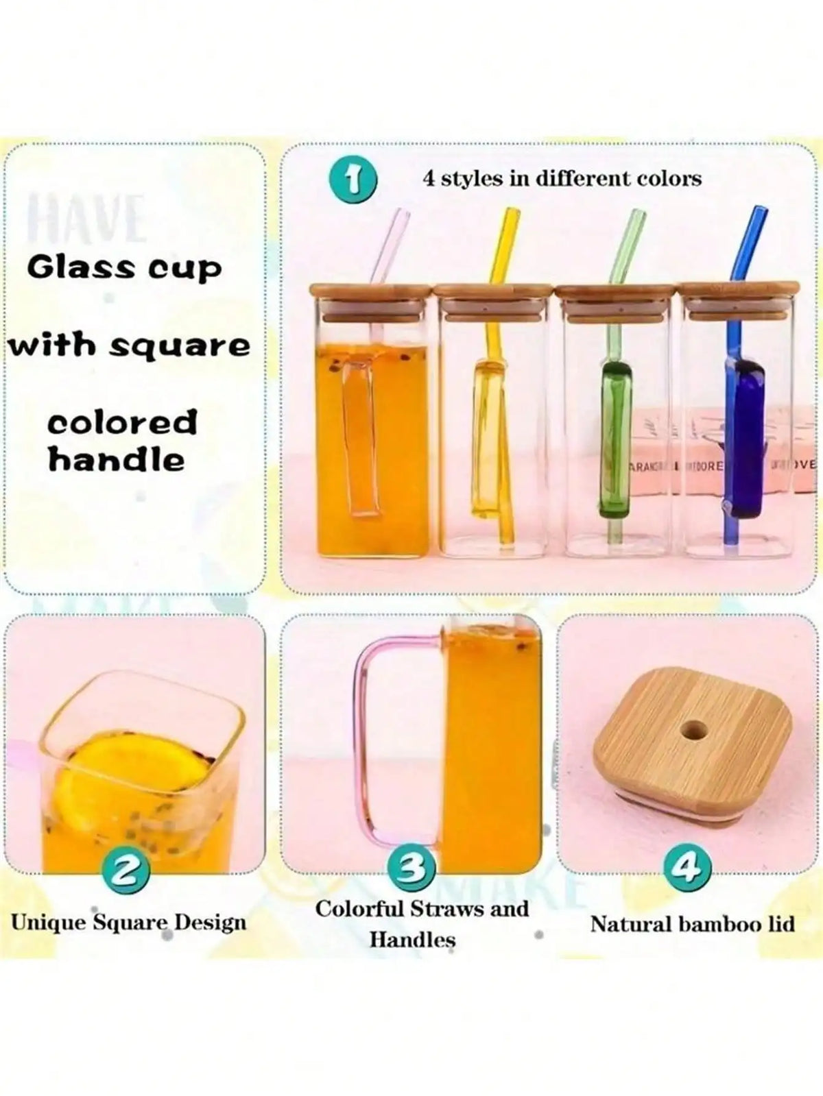 Bamboo Lid Square Glass Cup with Straw & Handle | Iced Coffee Glass Tumbler Qme