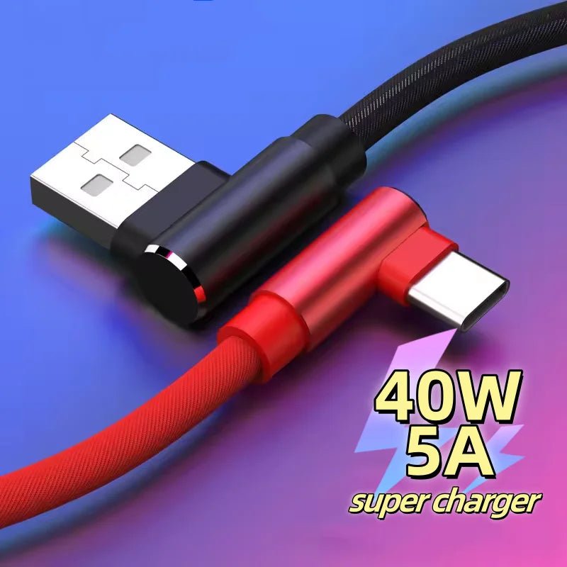 40W USB-C 90° Elbow Fast Charging Cable | 5A Braided PD Cord USB-C Charging Cable Qme
