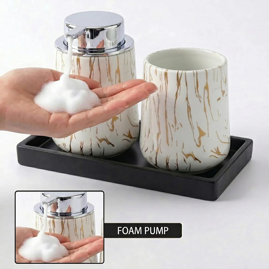White Marble Foaming Soap Dispenser | Luxury Bathroom Accessory Foaming Soap Dispenser Qme silver foam set