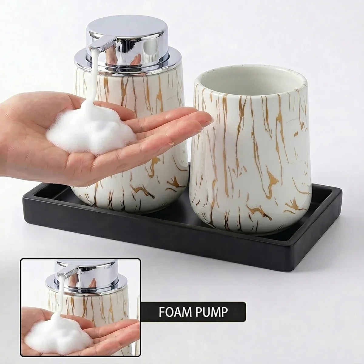 White Marble Foaming Soap Dispenser | Luxury Bathroom Accessory Foaming Soap Dispenser Qme silver foam set