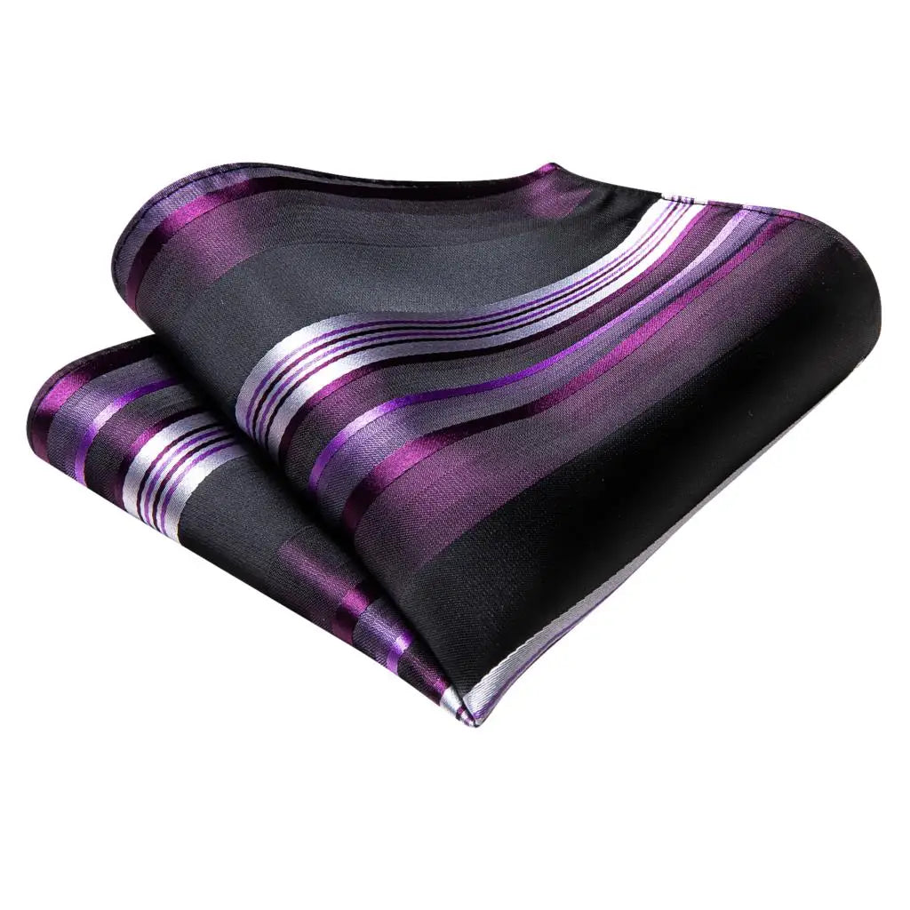 Hi-Tie Silk Striped Purple White Necktie Set with Brooch Silk Necktie Set Qme