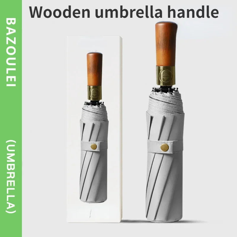 72-Bone Auto Folding Umbrella – Large Wooden Handle Business Folding Umbrella Qst