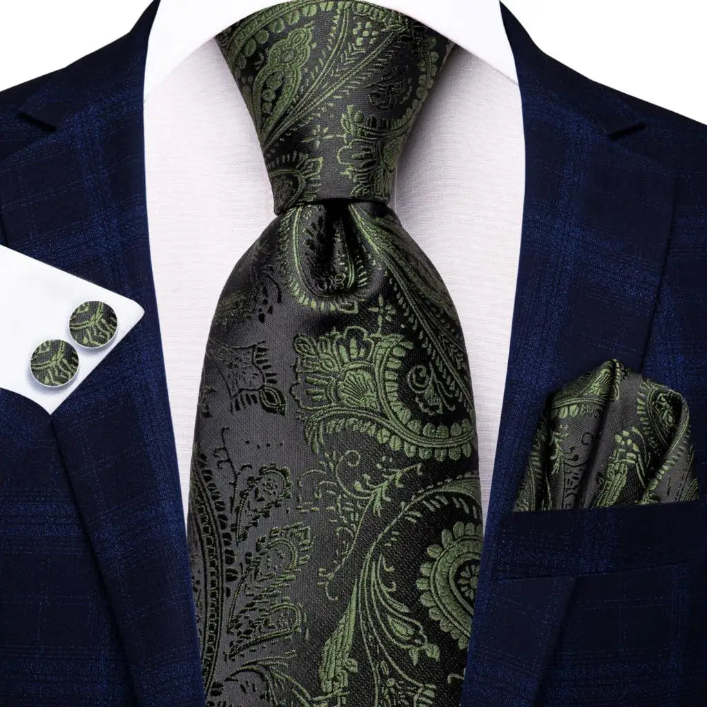 Hi-Tie Men's Silk Necktie Handkerchief & Cufflinks Set Necktie & Cufflinks Set Qme SN-3769