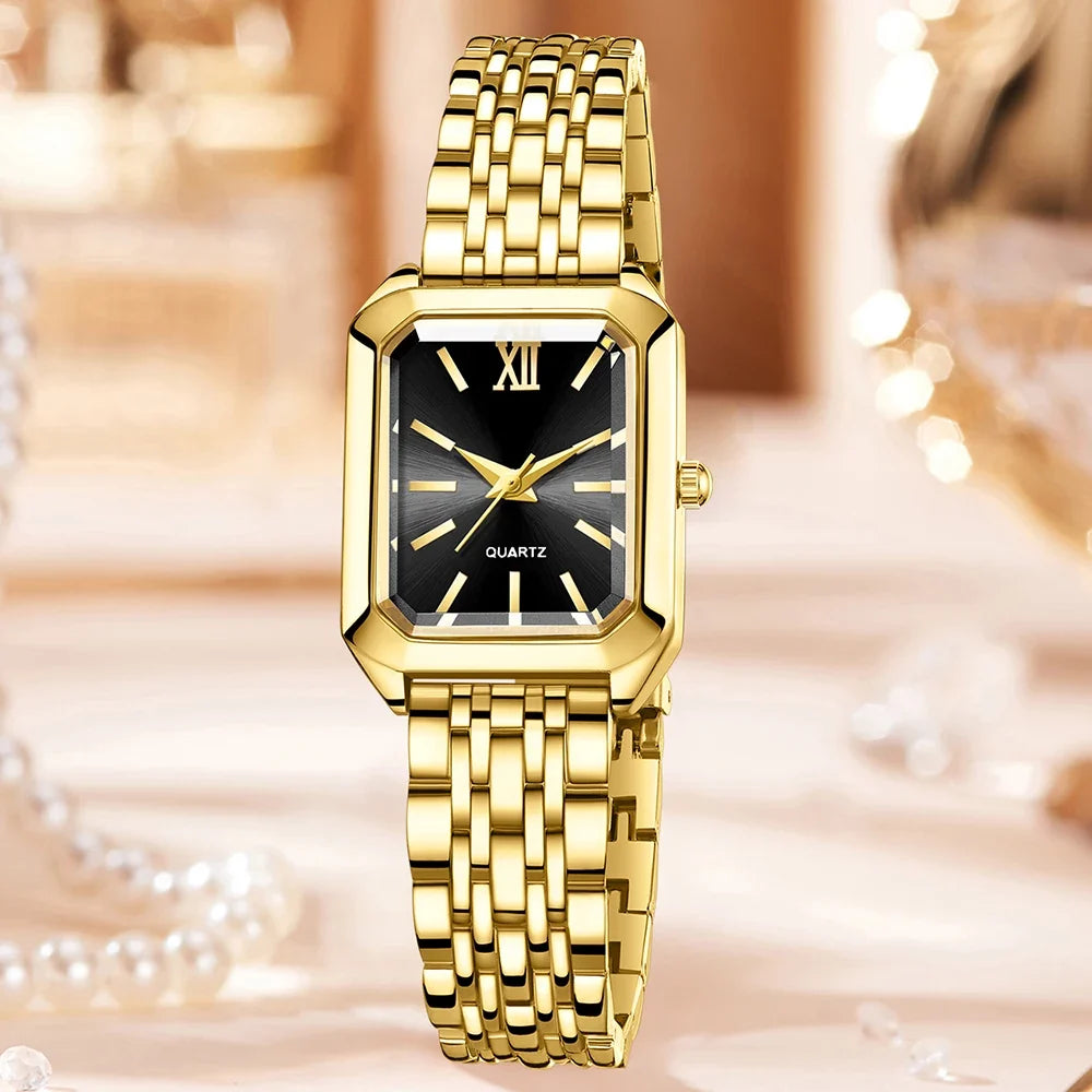 Golden Roman Square Watch & Water Drop Bracelet Set | Qme Watch & Bracelet Set Qme