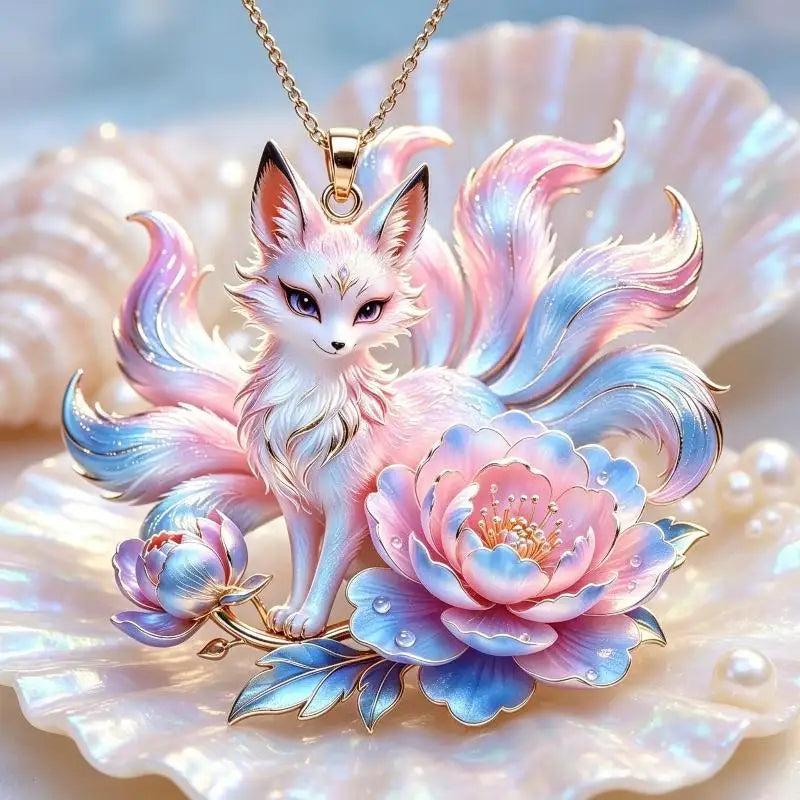 Nine Tailed Fox & Peony Pendant Necklace – Nickel-Free Gift Pendant Necklace Qst