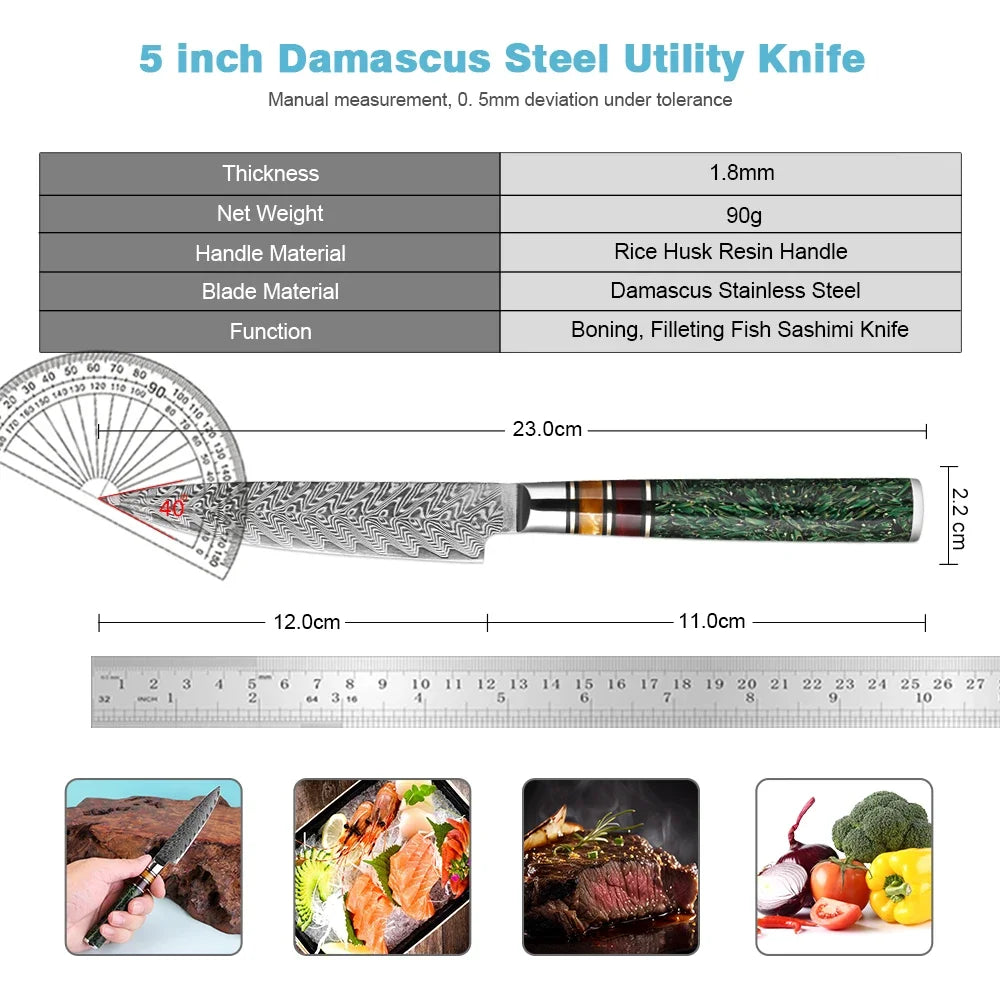 5-Inch Damascus Steel Utility Knife – Rice Husk Resin Handle Utility Kitchen Knife Qst
