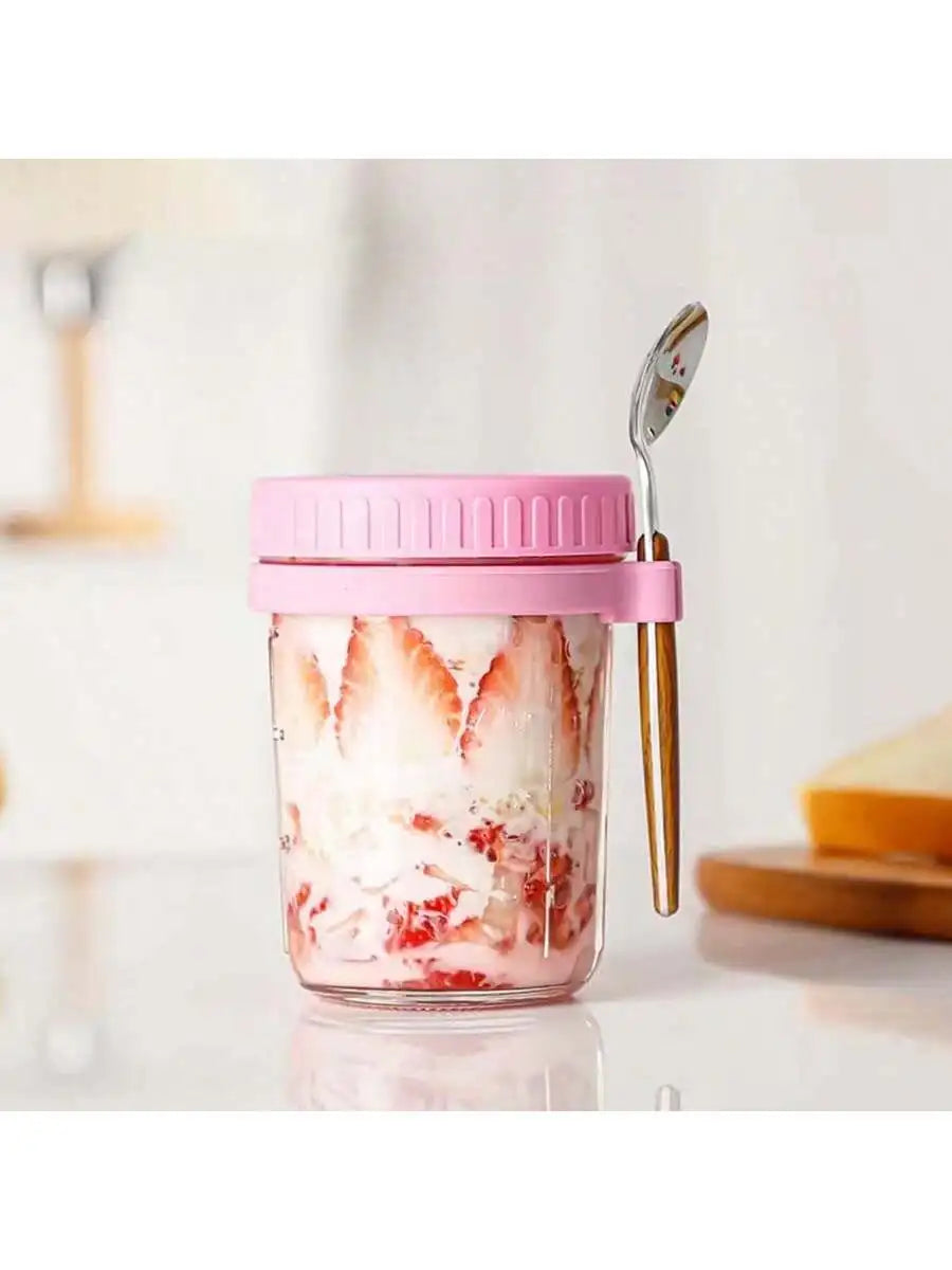 Overnight Oats Container with Lid & Spoon – Airtight Jar Food Storage Container Qme pink
