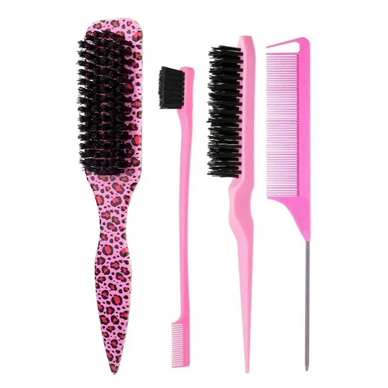 Boar Bristle Hair Brush – Sleek Ponytail, Bun & Slick Back Boar Bristle Hair Brush Qme 4PCSPink Leopard Set