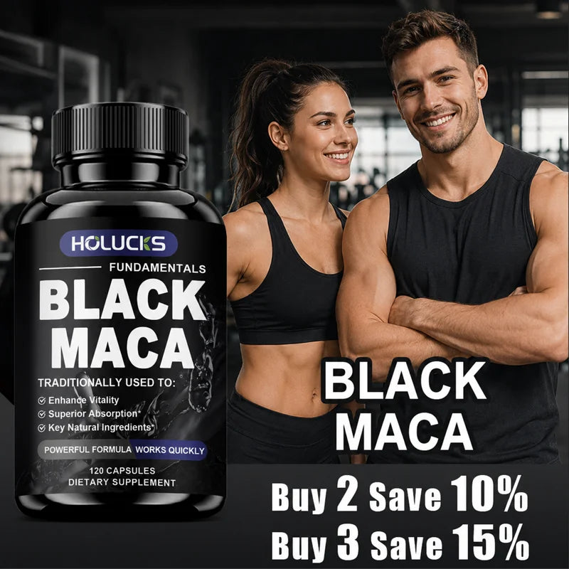 HOLUCKS Organic Black Maca Capsules – Energy & Vitality (120ct) Maca Supplement Qst