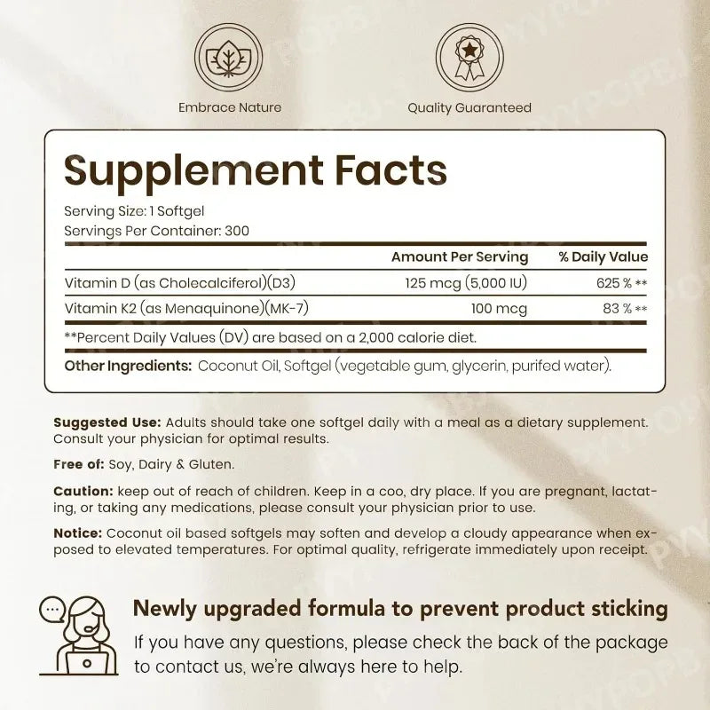 Vitamin D3 K2 Softgels 5000 IU MK-7 with Coconut Oil 300ct Vitamin Supplement Qst