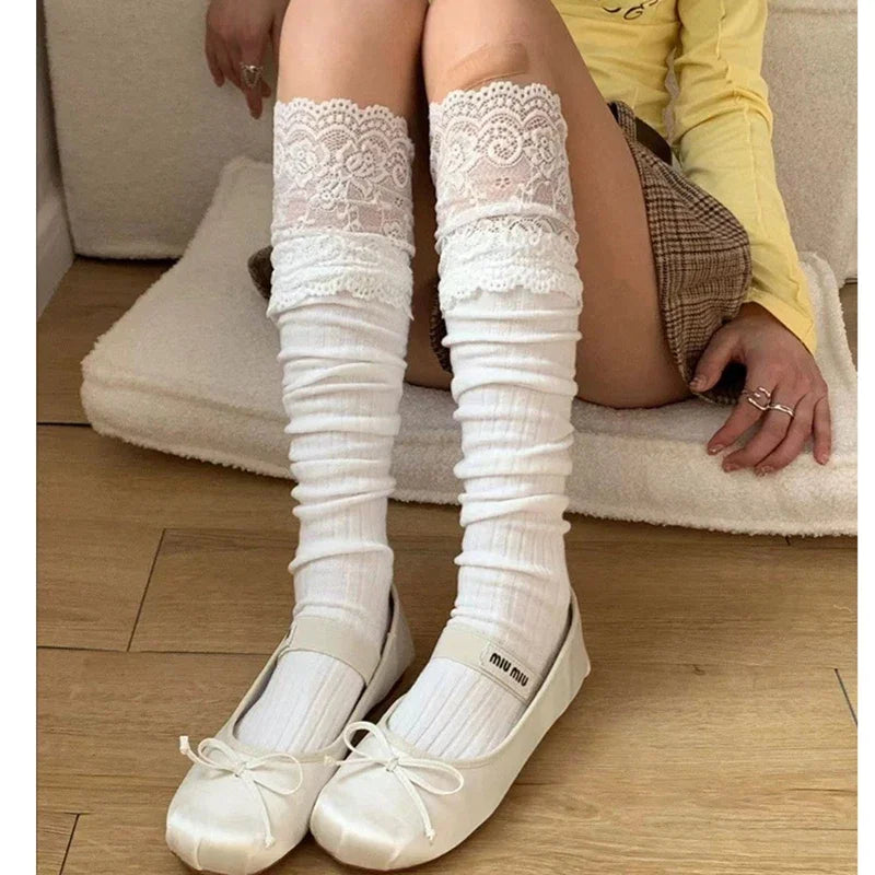 Women's Thigh High Boot Socks – Warm Lace Top Lolita Style Thigh High Socks Qme WHITE One Size