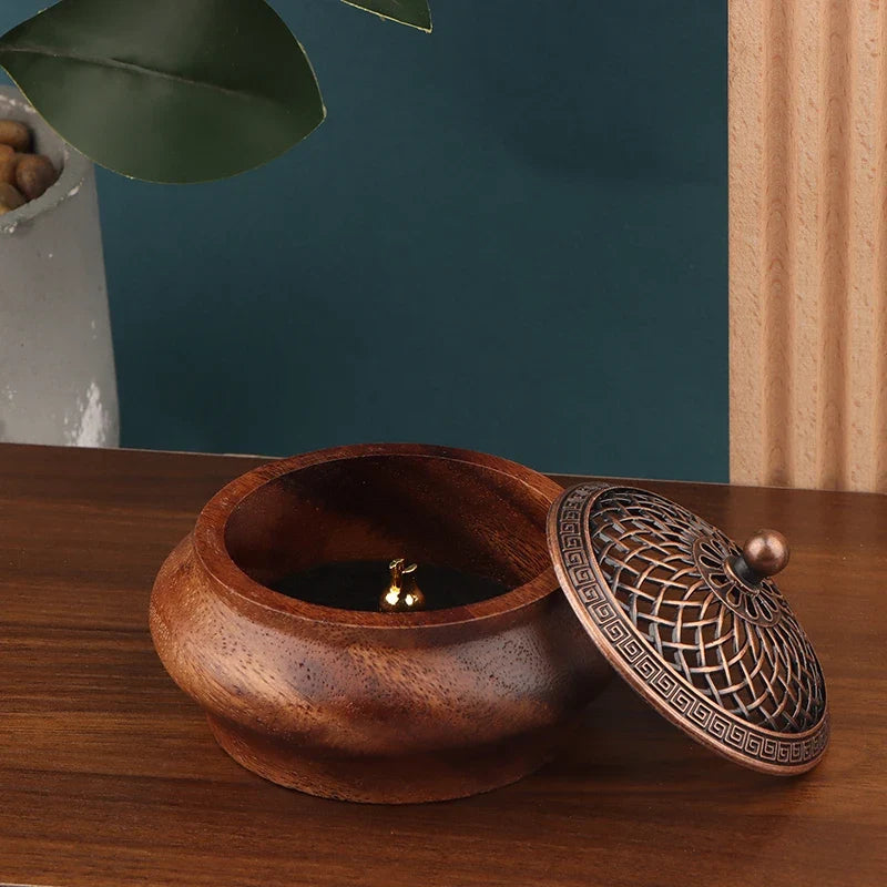 Walnut Retro Round Incense Burner – Solid Wood-Look Home Decor Incense Burner Qme