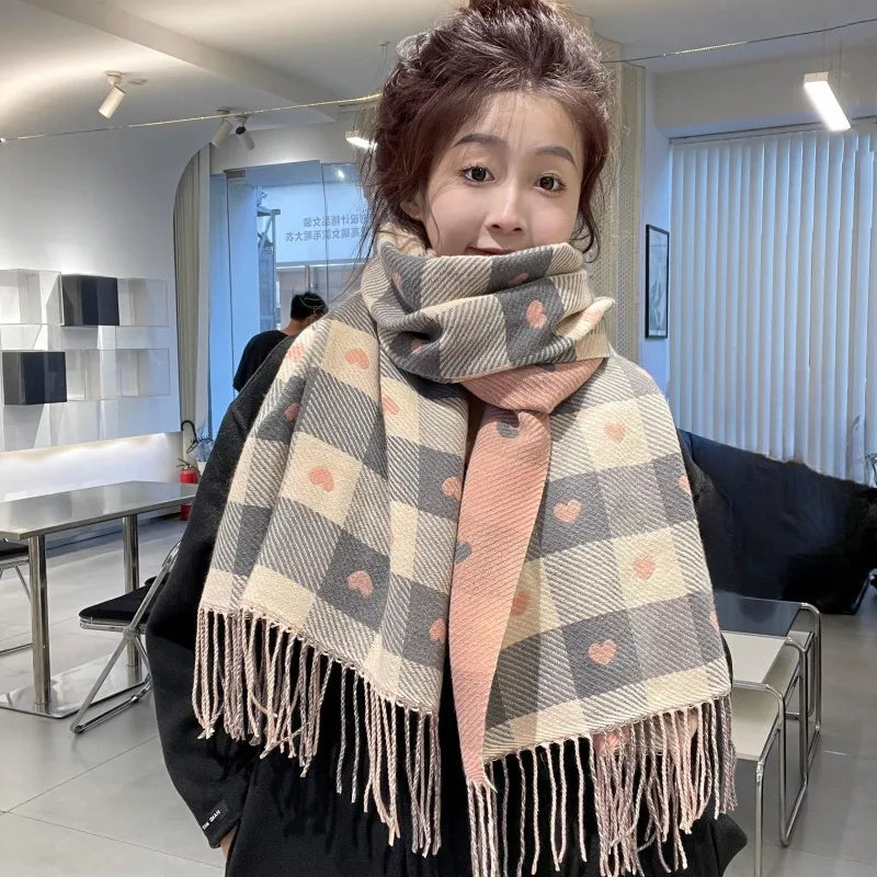 Women's Plaid Blanket Shawl Scarf – Thick Knit Winter Wrap Blanket Shawl Scarf Qst Pink One Size