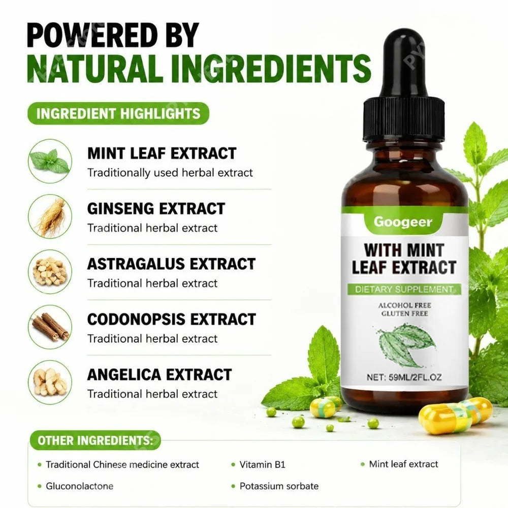 Googeer Mint Leaf Extract Drops + Vitamin B1 | 59 mL Herbal Extract Drops Qst