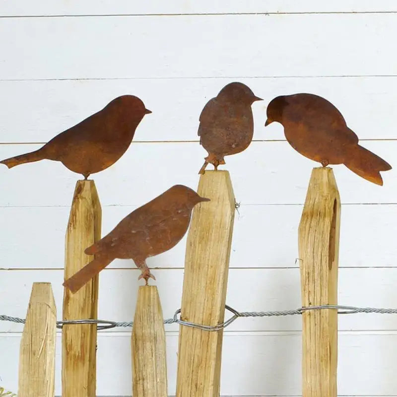 4-Pack Rusty Metal Bird Garden Decorations – Retro Iron Art Garden Decor Qst