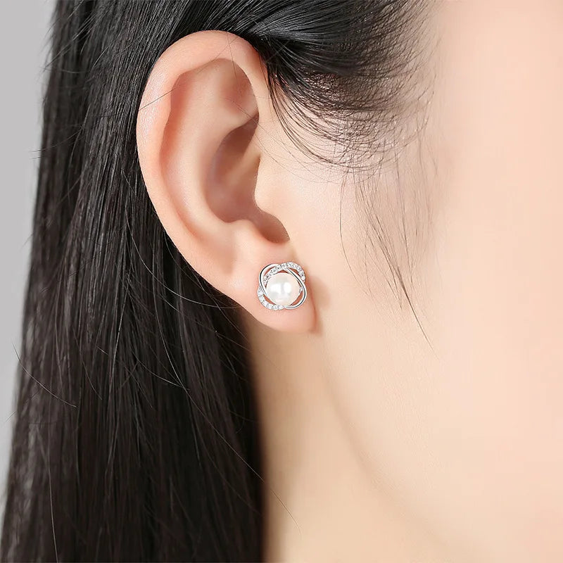 925 Sterling Silver Pearl Crystal Stud Earrings for Women Pearl Crystal Stud Earrings Qme
