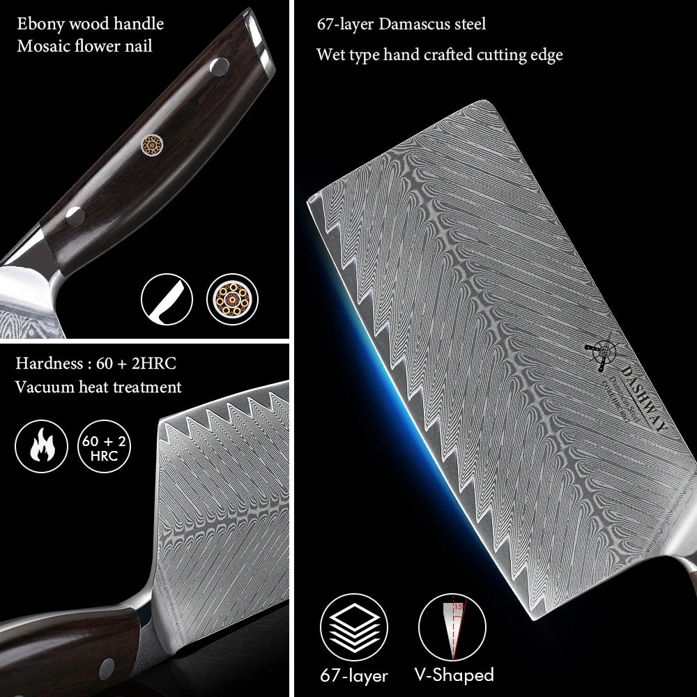 DASHWAY 7" Damascus Steel Cleaver Knife – Ebony Handle Damascus Cleaver Knife Qst