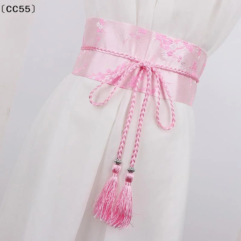 Vintage Floral Embroidered Wrap Belt – Bow Tie Tassel Sash Embroidered Wrap Belt Qst