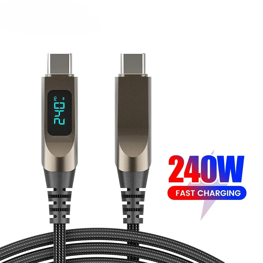 240W USB-C Braided Fast Charging Cable with Digital Display | Qme USB-C Charging Cable Qme