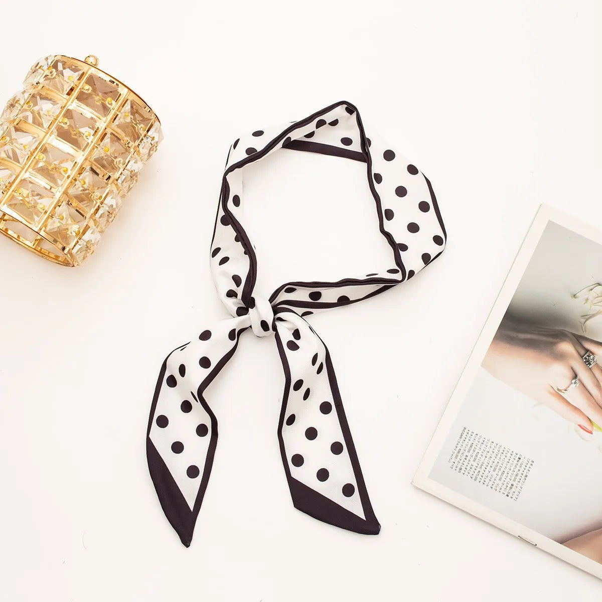 Women's Skinny Ribbon Scarf – Printed Polyester Hair Tie & Headscarf Ribbon Hair Scarf Qme Gold