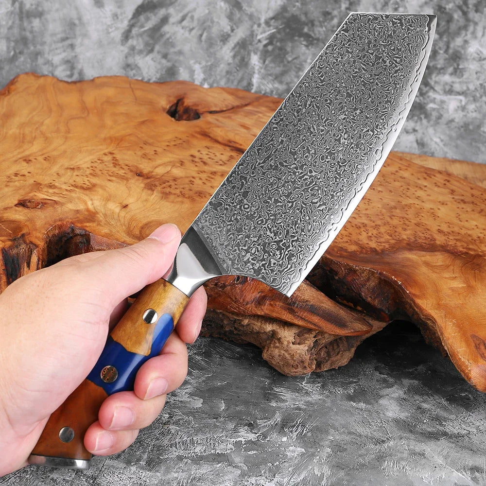 7.5" Damascus Steel Cleaver Knife – Stabilized Wood Handle Damascus Cleaver Knife Qst