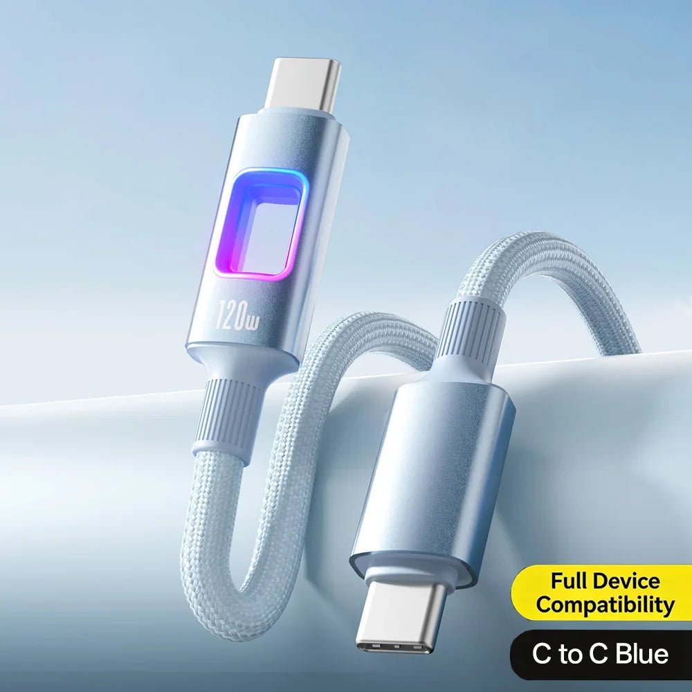 USB-C 120W RGB Fast Charging Braided Cable – PD Quick Charge USB-C Charging Cable Qme Blue 2m