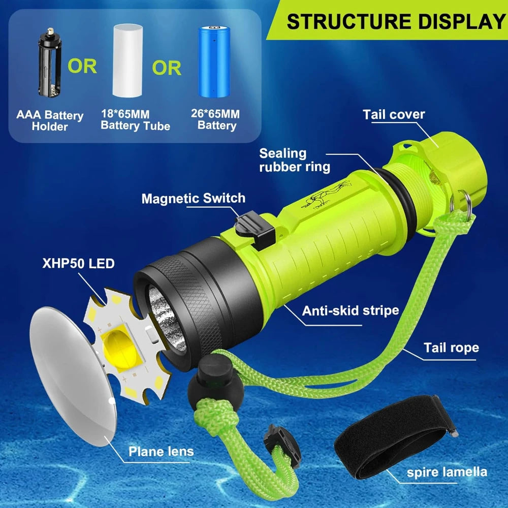Rechargeable Diving Flashlight IPX8 Waterproof Scuba Dive Torch Diving Flashlight Qst